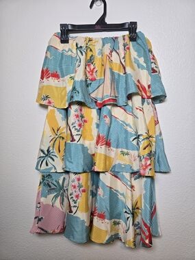 True Destinations Tiered Tropical Print Midi Skirt